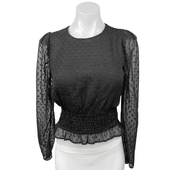 Express Tops - Express Black Dots Smocked Peplum Long Puff Sleeve Crew Neck Crop Blouse Top XS